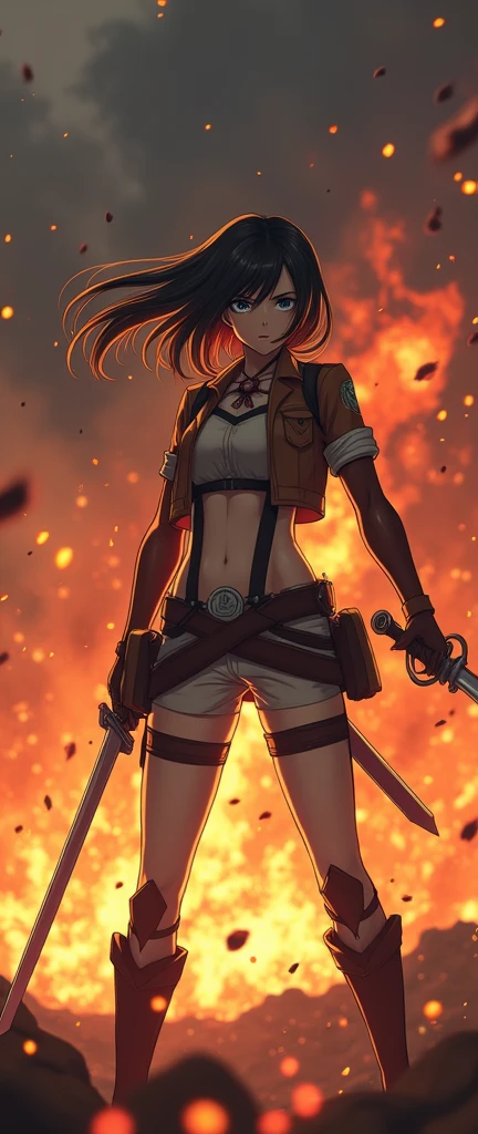 Animated character holding two swords standing in front of a fire, Attack on Titan anime style, Mikasa Ackerman, Amazing anime 8k, from Attack on Titan, Attack on Titan covert art, Sunku, in Attack on Titan, (Attack on Titans anime), shingeki no kyojin, Attack on Titans, Anime Epic Artwork, Attack on Titan、masterpiece, Masterpiece best quality, Highest quality ultra detailed, Super detailed highres, High resolution, Realistic RAW photo, Raw photo real person, Real people portrait photography, Photorealistic portrait photography, Photorealistic shiny skin, Shiny skin Detailed skin, Detailed, dynamic pose