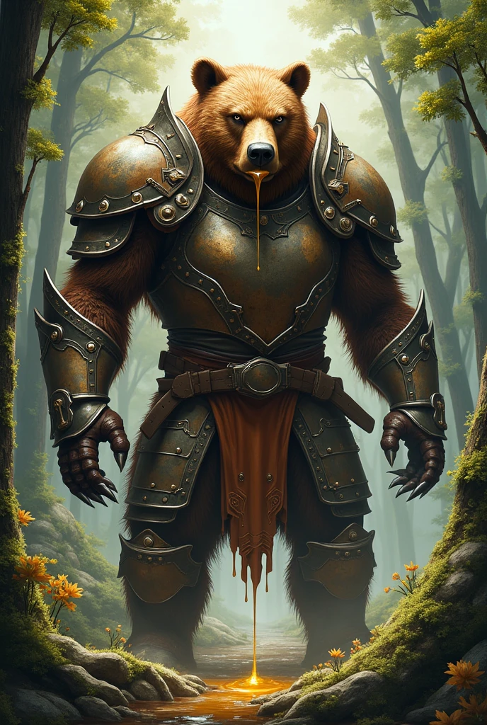 (Detailed) 1 bear, humanoid, in forest, heavy armour, licking honey from claws