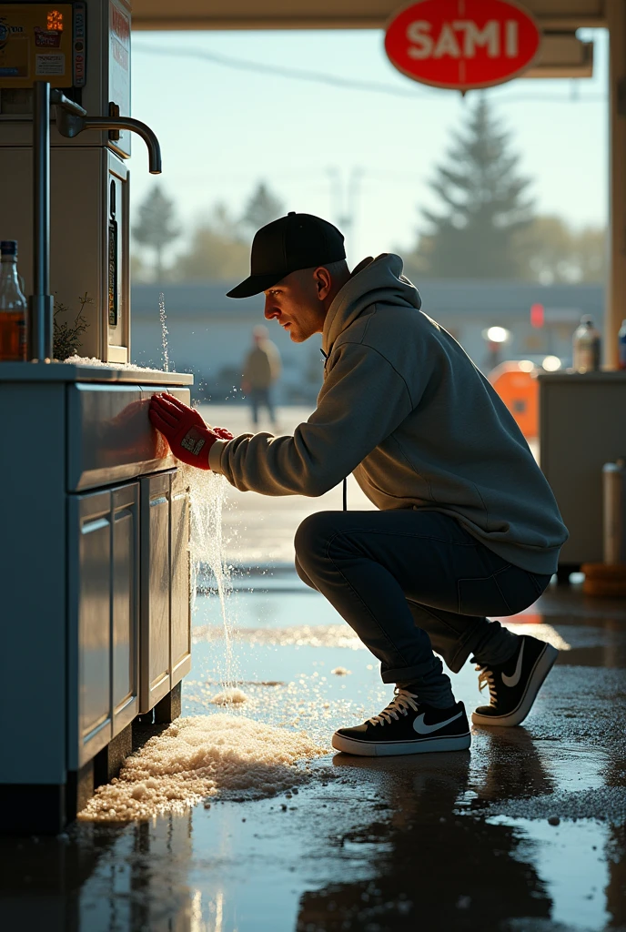 Eminem cleaning a cabinet at an outdoor car wash