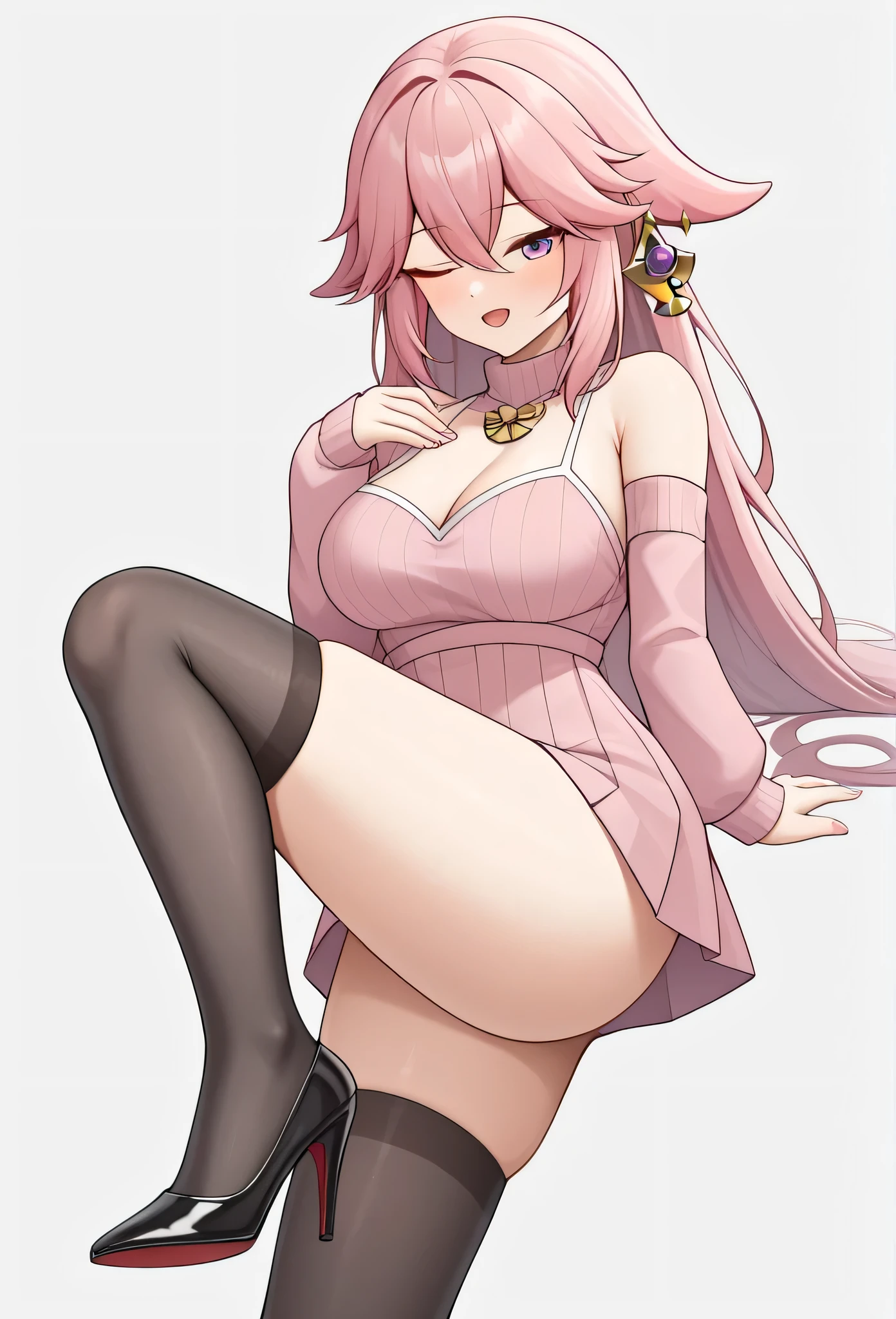 score_9,score_8_most,score_7_most,Bachong, alone, Pink_chemise, Pink_theme, Schmucklos_backdrop, 1 girl, long_sleeve, open_Mouth closed, pleated_rocks, breasts, seek_at_spectators, Pink_sweater, White_backdrop, White_chemise, Pink_Ribbon, sleeve_Past_wrists, highres, absurdeste, sleeveless_sweater, hole body, black nylon stockings, plattform High heels, five fingers