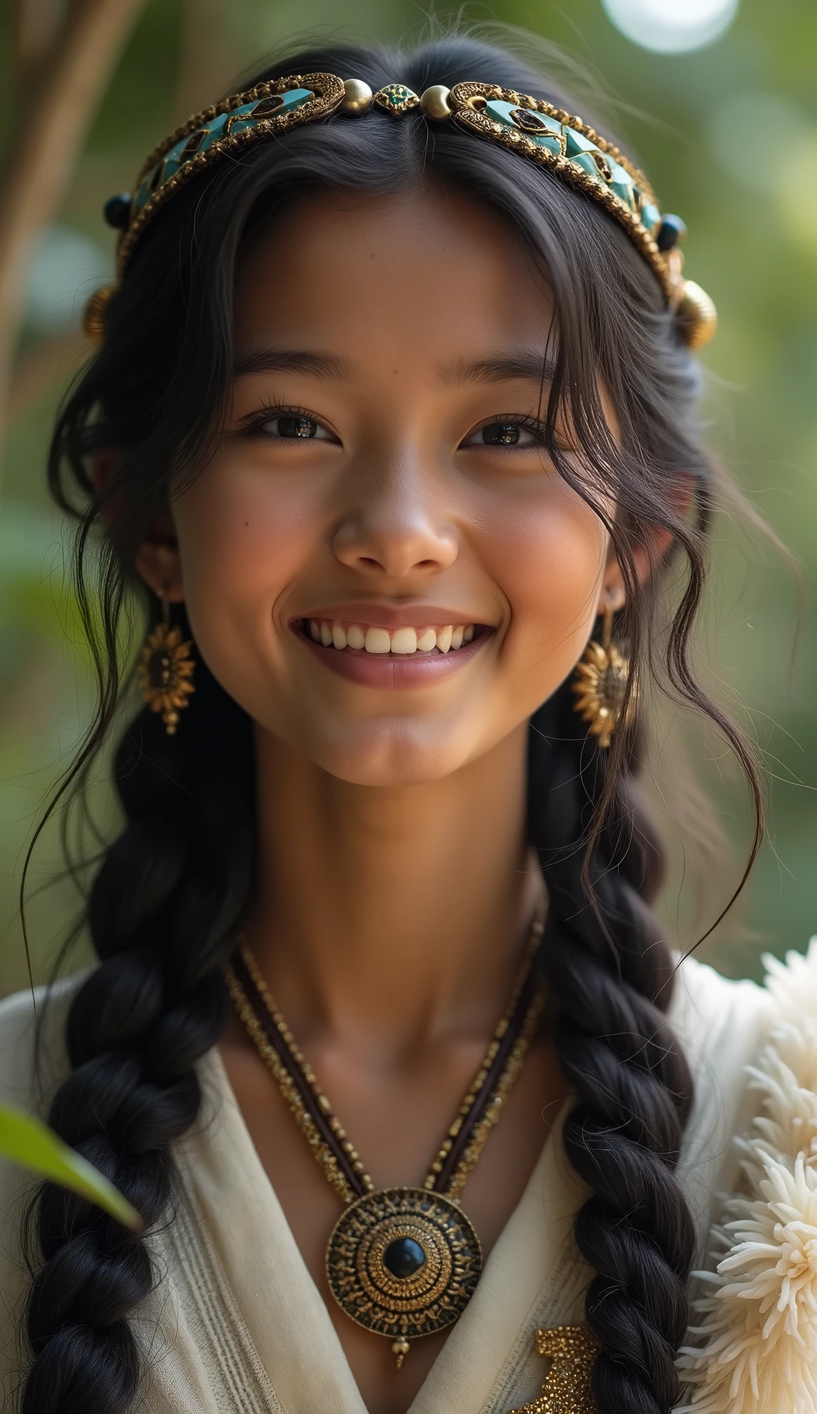 A girl, long braids, Indian girl, close-up, slightly raised head, smile, bust photo, upper body, appearance Yang transcendence, gorgeous Tibetan costume, cumbersome Tibetan necklace, cumbersome Tibetan headdress, fluff on clothes, white animal flull, real person CG, sweet style, film style, HD 4K