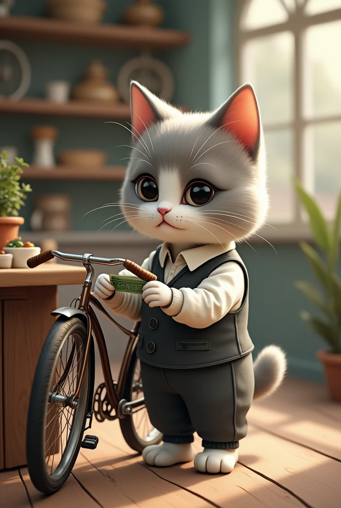 the grey white little cat in clothes buy cycle in this money from cycle shop.