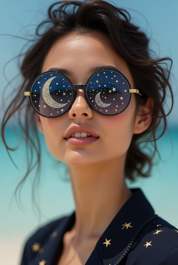 The model is wearing glass sunglasses with stars and the moon on the glass