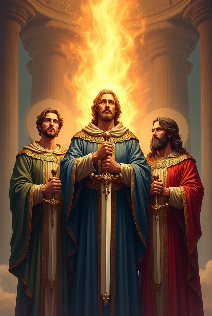 a logo icon of three saints with sword of dignity in eternal flame