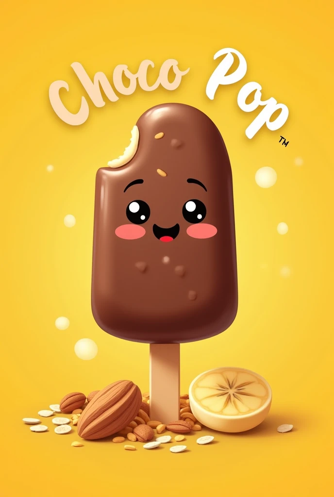 Make me a logo called ChocoPop, with yellow and brown colors, Keep in mind that these are chocolate covered banana popsicles plus toppings., like a nut, Avena, almond