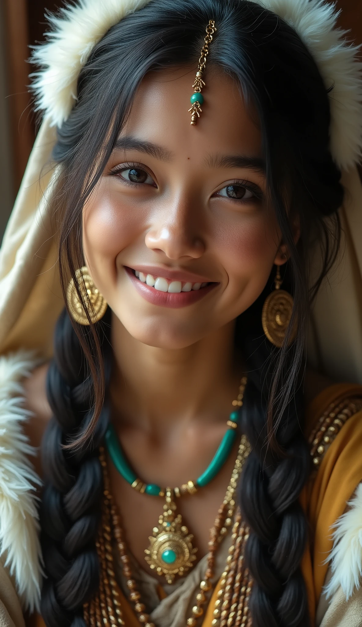 A girl, long braids, Indian girl, close-up, slightly raised head, smile, bust photo, upper body, appearance Yang transcendence, gorgeous Tibetan costume, cumbersome Tibetan necklace, cumbersome Tibetan headdress, fluff on clothes, white animal flull, real person CG, sweet style, film style, HD 4K