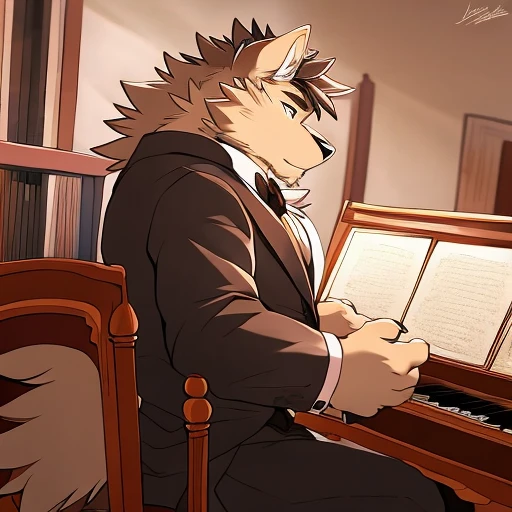 Playing the piano,Wolf,author:Takemoto Arashi,Anime Style,Side angle,Sitting in a chair,Grand piano