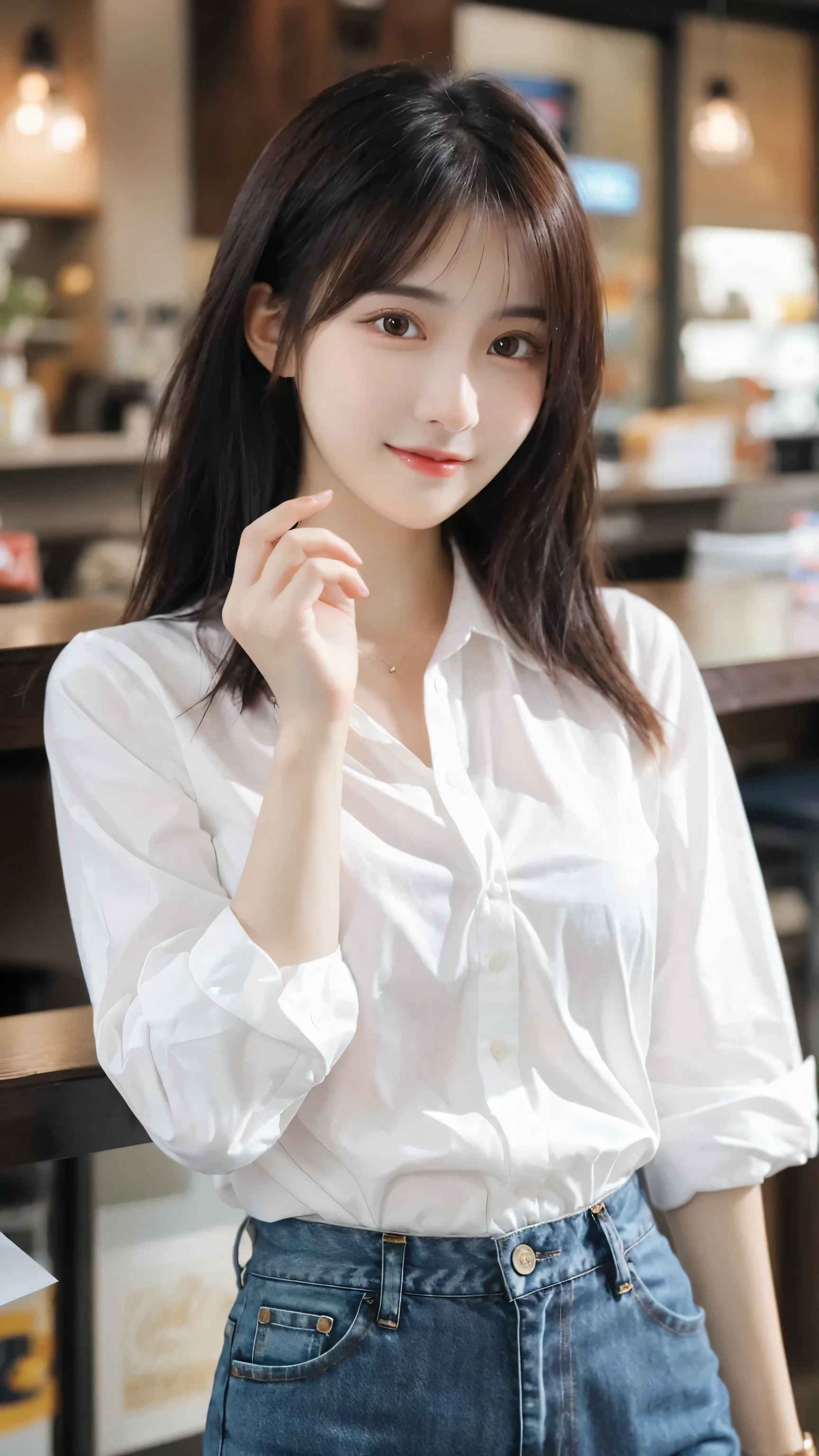 (8k, RAW Photo, Best Quality, Masterpiece:1.2), table top, Ultra Detail, Super Resolution, (Realistic, Realistic Photo:1.37), Portrait, High Detail RAW Color Photo, Professional Photo, Extremely Detailed and Beautiful, Extremely detailed, 8k wallpaper, amazing and detailed, huge file size, official art, highly detailed CG unity 8k wallpaper, highly detailed beautiful girl, highly detailed face, highly detailed eyes, highly detailed skin, highly detailed fingers, highly detailed nose, very detailed detailed mouth , perfect anatomy, highly detailed background, highly detailed clothes, 1girl, 1 girl, cute girl, realistic body, fair skin, glowing skin , slim body, handsome body, black hair , semilong hair, (blunt bangs:1.2), smile, cute, youthful, cute face, realistic face, delicate eyes, drooping eyes, looking at viewer, facing front, standing posture, Contraposto, (medium chest), (Perfect Body Proportions), (slender Body Proportions), super sexy pose, (white shirt), (jeans pants), (authentic bar),