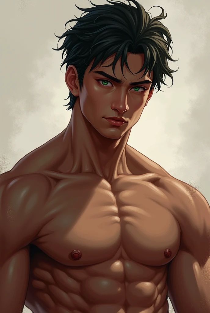 a handsome boy ,Cao Cao , fitness,short black hair and green eyes no shirt , dark-skinned