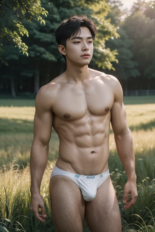 Best quality, offical wallpaper, 1boy, A sunny morning,grassy fields,ln the forest,Wearing a thong underwear, Realistic, Photorealistic, (EOS R8,50 millimeters,F1.2,8K,RAW photo:1.2), Bokeh