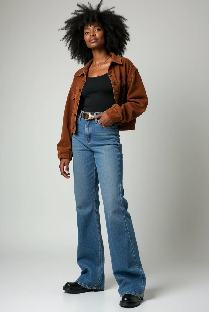 Create samples of a dark skinned lady showcasing how to style in mom jeans, cargo pants, skinny jeans, flared jeans and straight jeans.