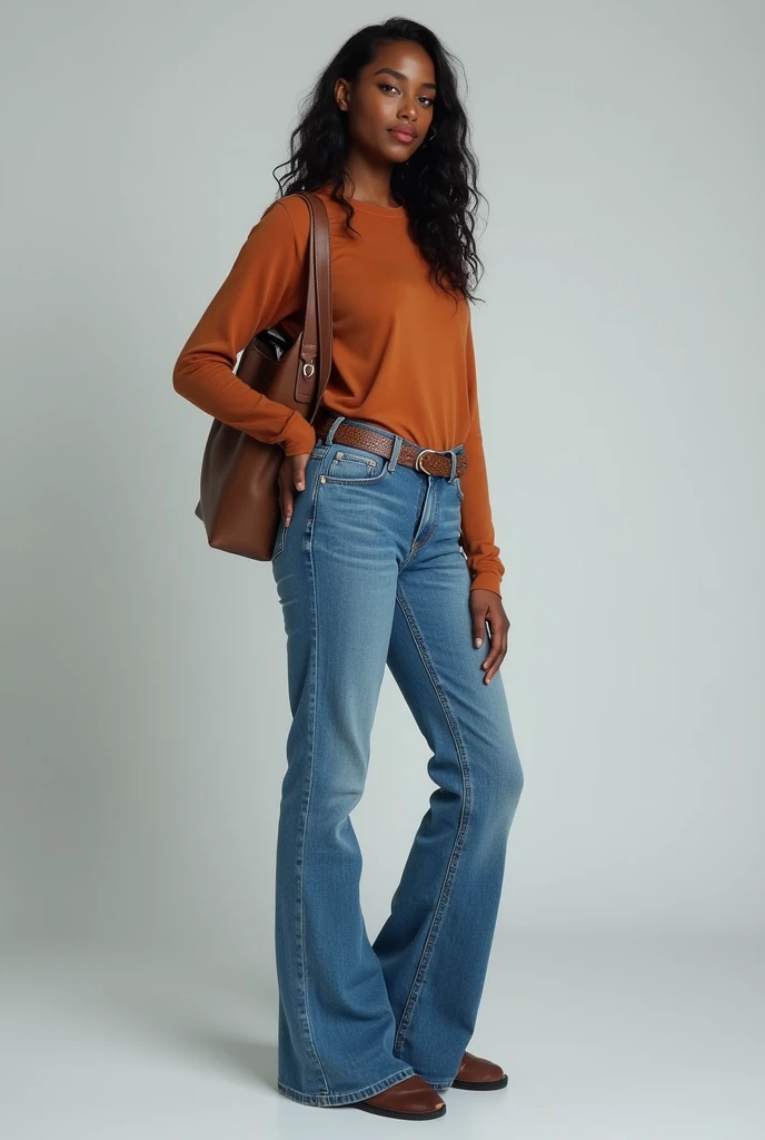 Create samples of a dark skinned lady showcasing how to style in mom jeans, cargo pants, skinny jeans, flared jeans and straight jeans.