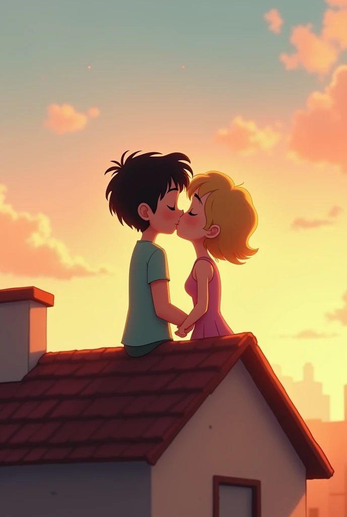 C'est une photo d'un couple entrain de s'embrasser assis en haut d'un toit d'une maison plutôt simple. The girl has black hair with bangs and the boy is blond.. Ils ferment leur yeux et s'embrasse tendrement. Version pixar 2d 