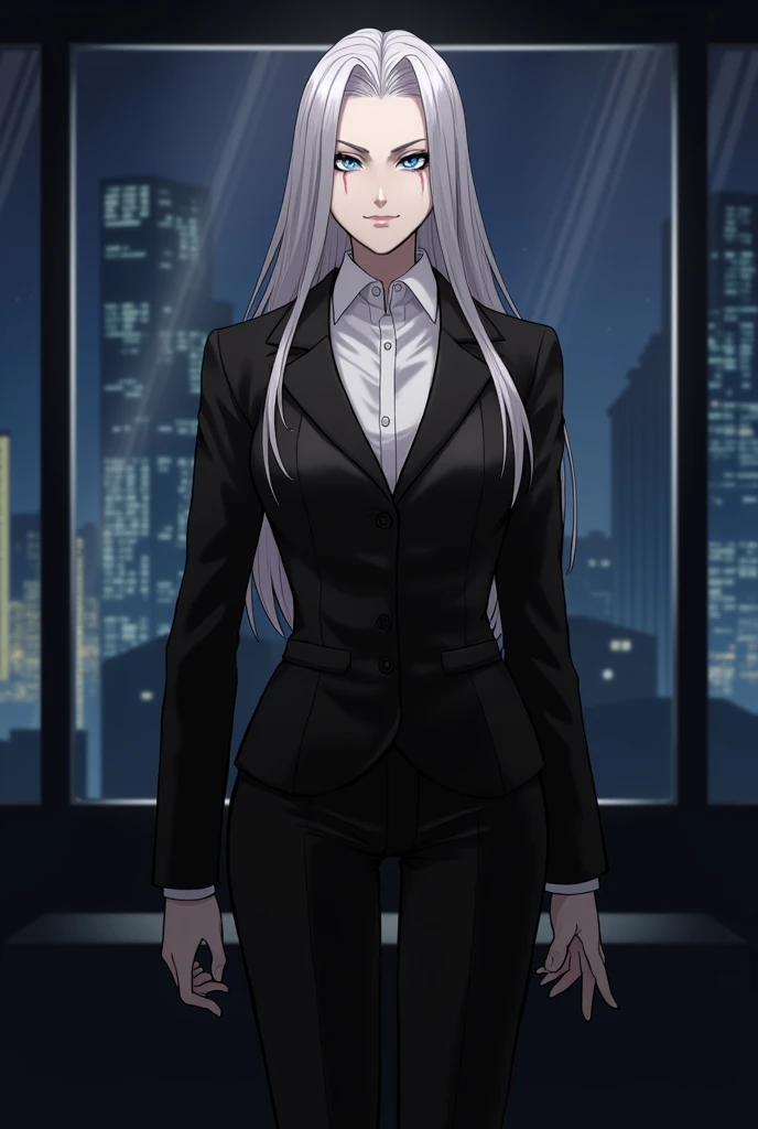 A realistic, high-resolution image of Mature from "The King of Fighters". She is a tall, elegant woman with long, silver hair, sharp blue eyes, and pale skin. She wears a sleek black business suit with a white shirt underneath, giving her a powerful and professional appearance. Her expression is cold and confident, and she has a slightly menacing aura. The background is a dimly lit, modern office with large windows showing a night cityscape. The lighting is moody, with shadows accentuating her sharp features.
