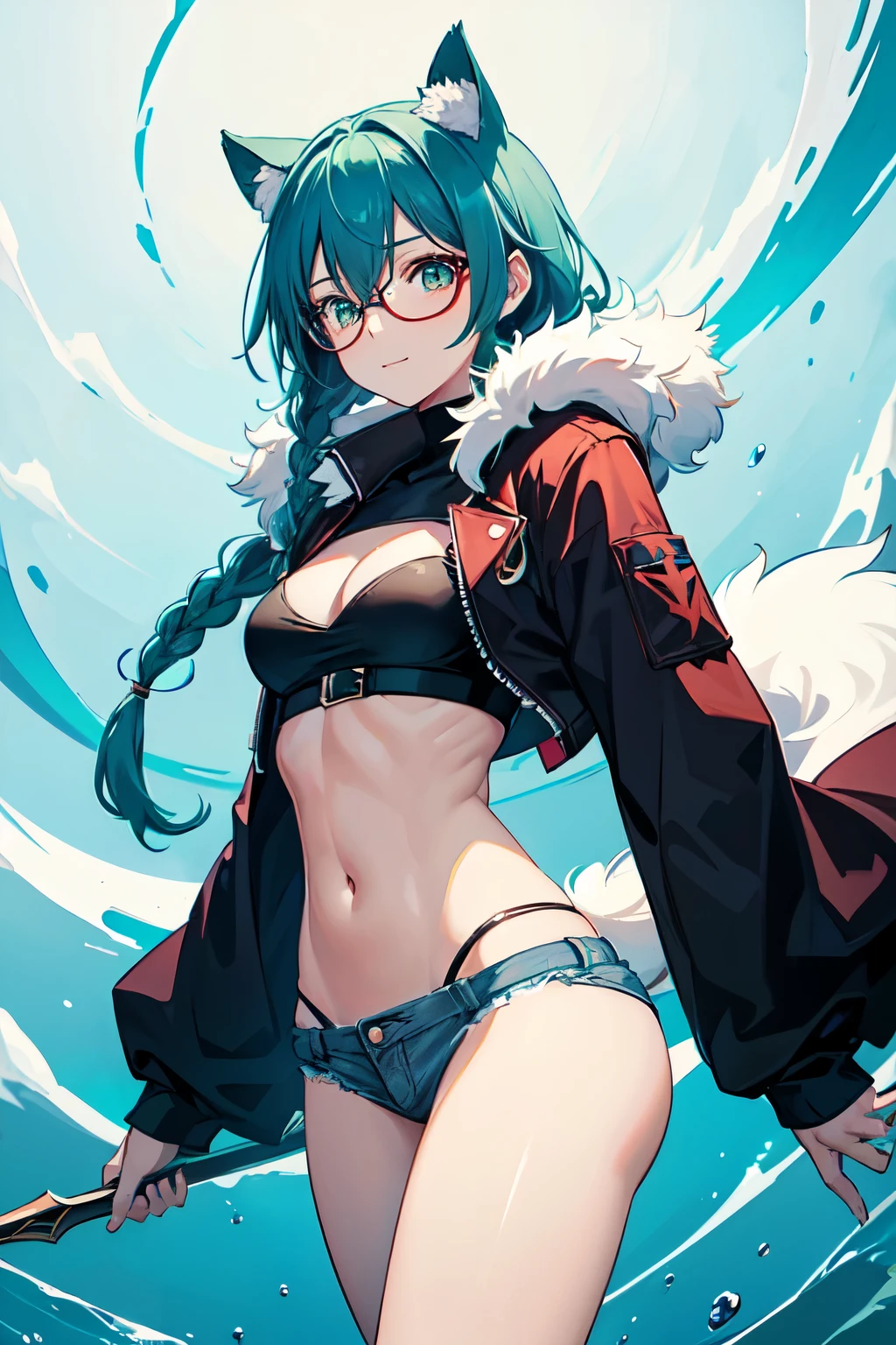 anime rtx, sharp, thighs level, warm colors, warm light, glasses, celan eyes, sweet face, gorgeus pale woman with light smile, turquoise hair color, long and wide twinbraids, standing dinamyc pose, only wear top a dark furry jacket that does not go below the ribs, little open, micro short jean, strip of thonge over hips, perfec body, chest cup d, simple background, void background