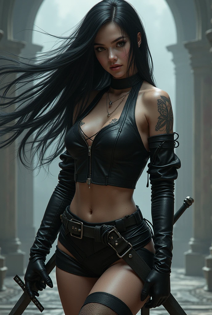 a female character in her 20s with long, straight, non-curly black hair, no bangs, pale skin, and steely black eyes, exuding a calm, dynamic posture, one leg bent while holding a long sword across her body, wearing a rather thin, hip-length red high-necked tank top, a very short black leather skirt, fishnet stockings on her left leg, black thigh-high stockings on her right leg, brown high boots, a small butterfly tattoo on her right shoulder, a black bracelet on her left hand