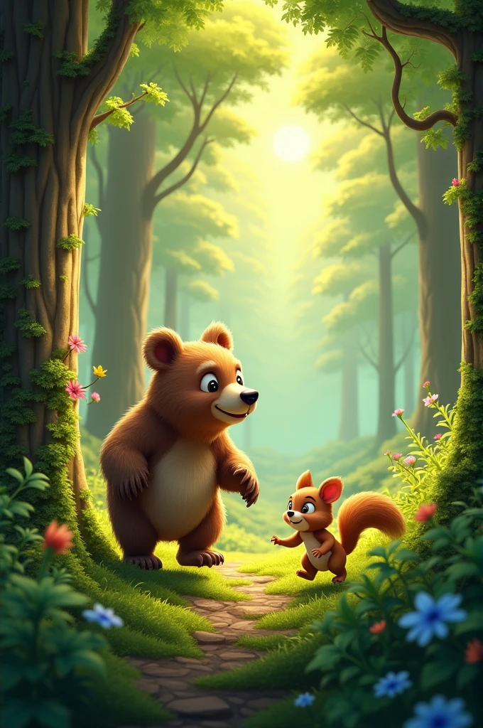 A vibrant forest scene with tall trees, green foliage, and two animals: a friendly bear and an energetic squirrel.