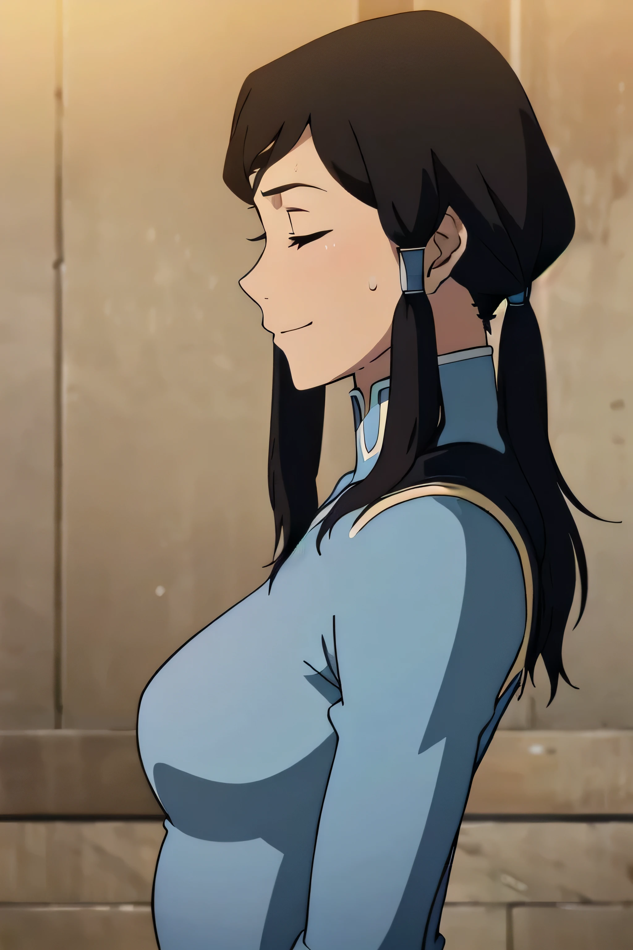 Korra,1girl, solo, upper body, side view, viewed from side, smile, sensual expression,eyes closed,leaning forwards,leaned forwards,sweaty