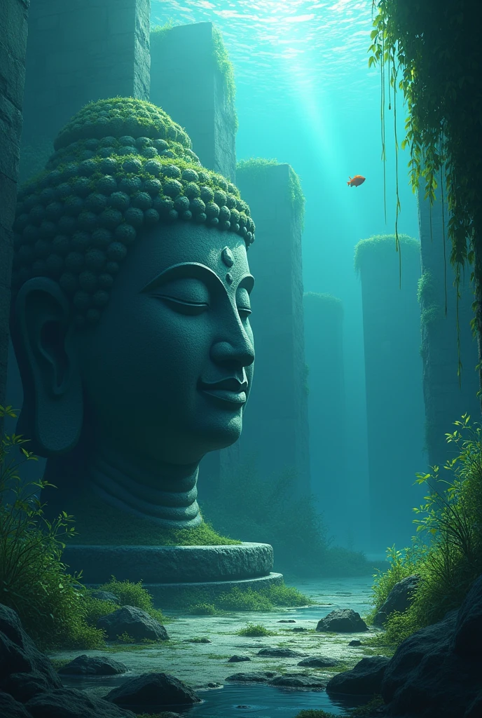 In the water、Sunken ancient ruins at the bottom of the lake、Part of the head of a broken stone Buddha is buried at an angle in the bottom、Light from the water surface、Backlight、humble little fish、algae、A fantastic sight、