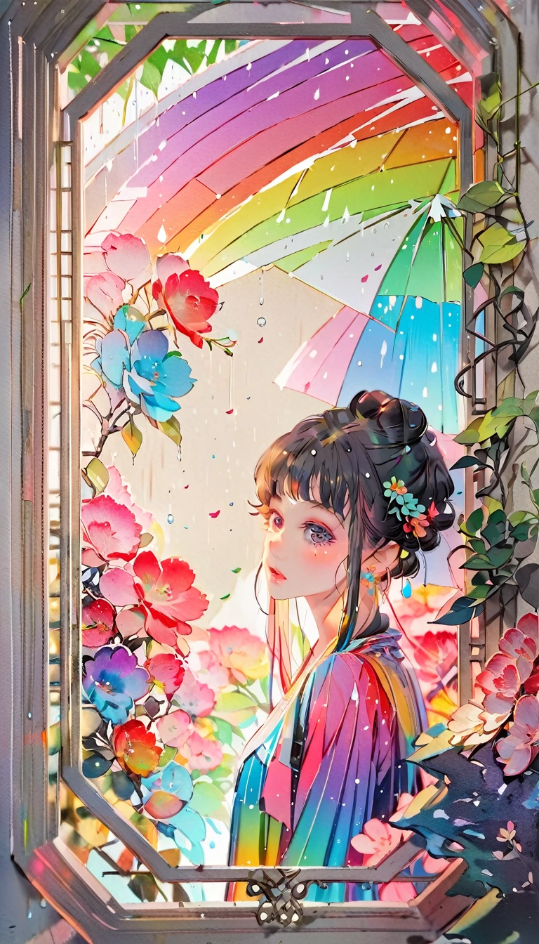 (((How to cut paper))), (The frame of the illustration is a 3D paper cut: 1.2), (Random Fashion), (Random Angle), (Random Hairstyles), (Random hair color), (Random hair length), 1 person, rainbow, rain, Unclear