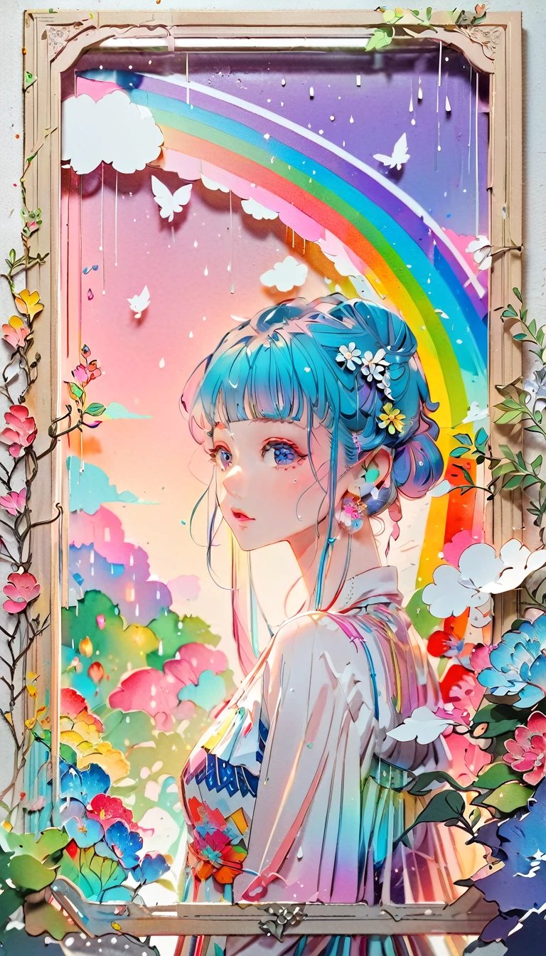 (((How to cut paper))), (The frame of the illustration is a 3D paper cut: 1.2), (Random Fashion), (Random Angle), (Random Hairstyles), (Random hair color), (Random hair length), 1 person, rainbow, rain, Unclear