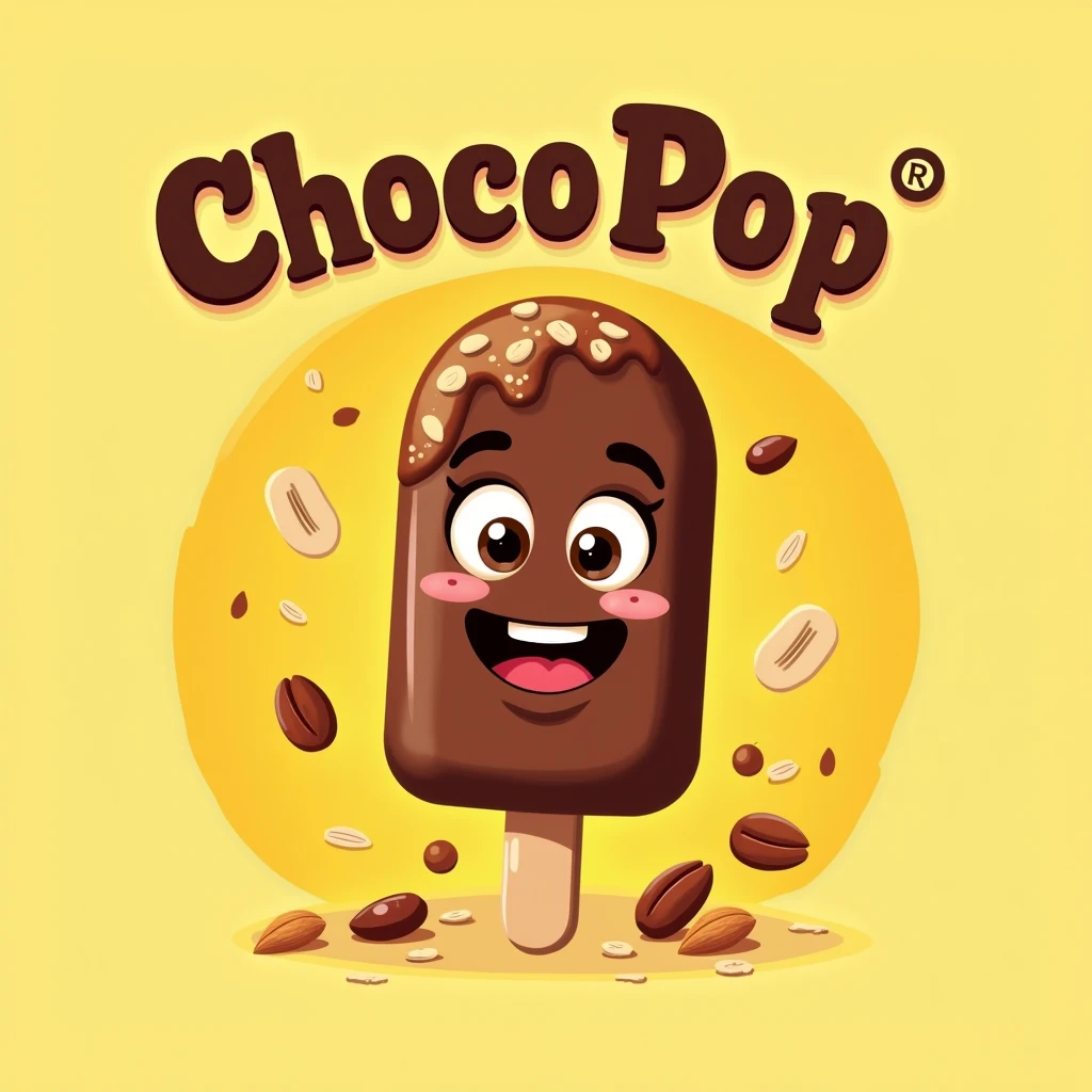 Make me a logo called ChocoPop, with yellow and brown colors, Keep in mind that these are chocolate covered banana popsicles plus toppings., like a nut, Avena, almond