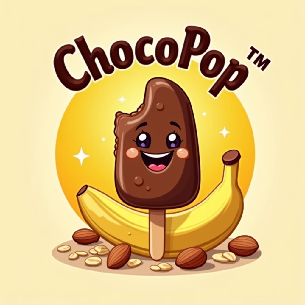 Make me a logo called ChocoPop, with yellow and brown colors, Keep in mind that these are chocolate covered banana popsicles plus toppings., like a nut, Avena, almond