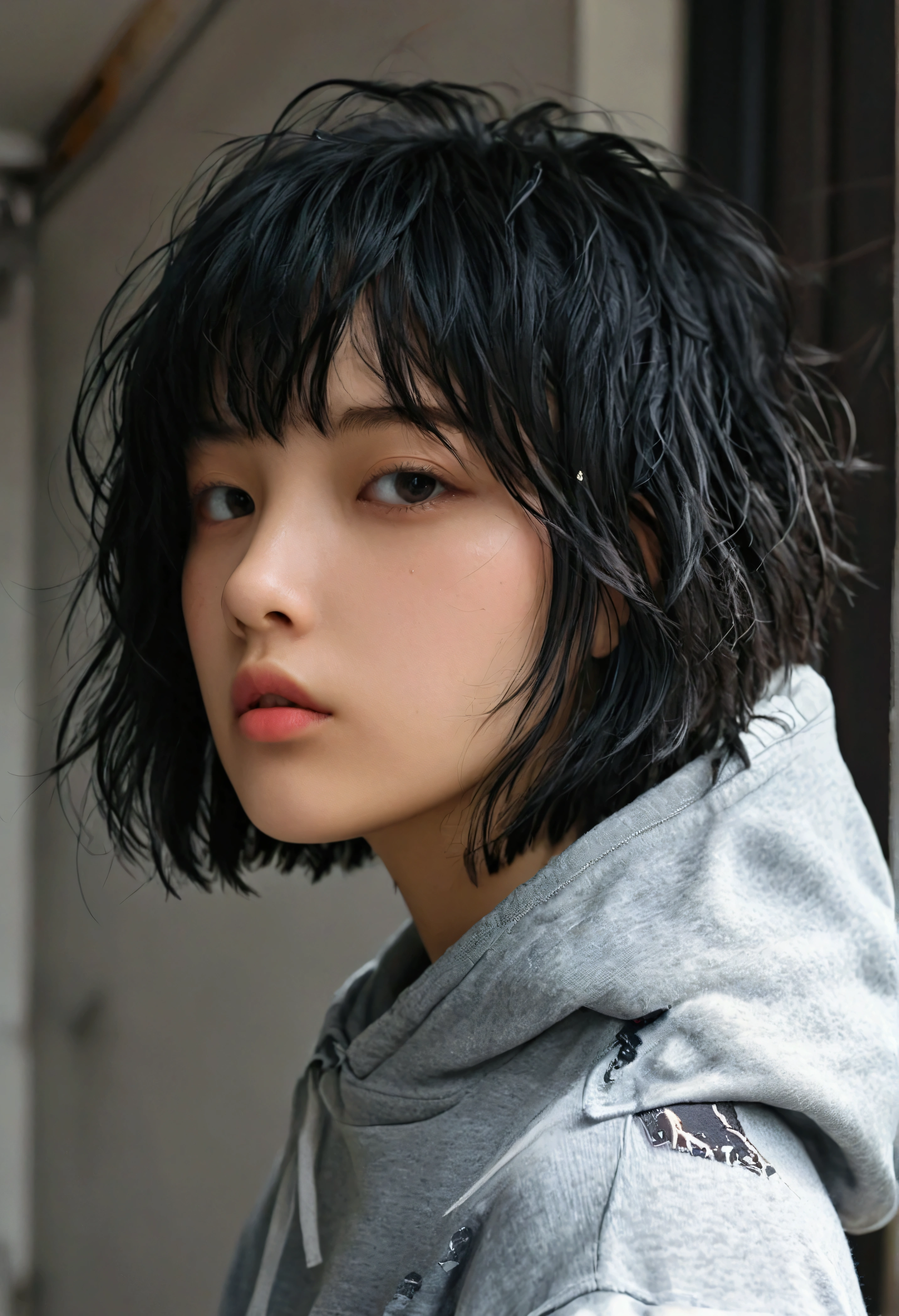 Wearing a grey hoodie、A girl with short, messy bob hair、Black Hair