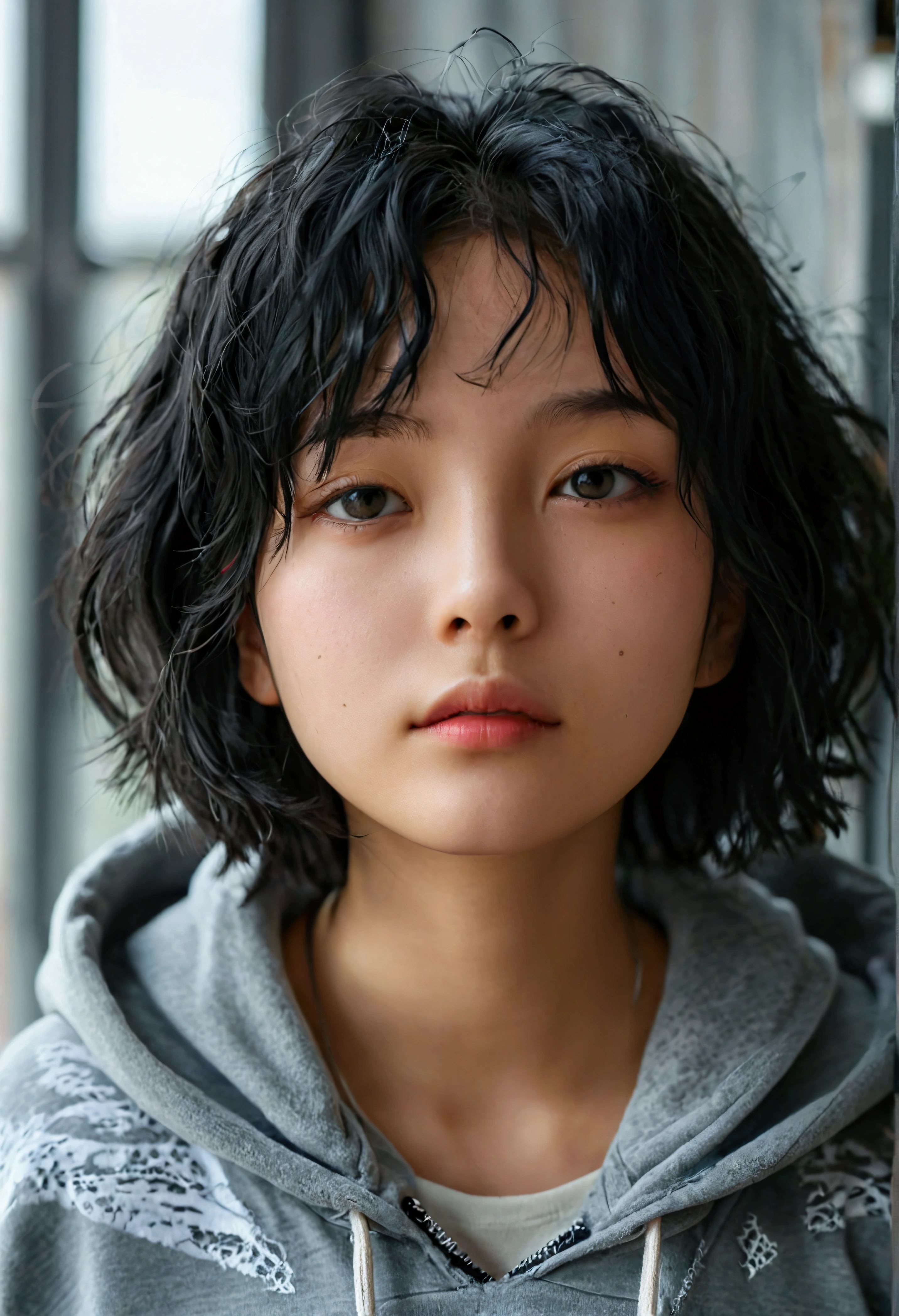 Wearing a grey hoodie、A girl with short, messy bob hair、Black Hair