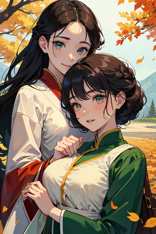 Highest quality、High resolution、Detailed Background、(Beautiful face in every detail:1.4)、Anatomically correct、(Detailed facial expressions)、Beautiful women in their 20s、(Highly detailed face:1.2)、(Huge breasts:1.2)、Cute hair colour、Cute hairstyle、Perfect body line、Cute Eye Makeup、Cute Lip Makeup、well-groomed eyebrows、A big smile、Do cute things、
(Two beautiful women looking at you with happy expressions:1.5)、
色づき始めたwood々The leaves are swaying slowly in the wind、The sky is clear、The mountain ranges in the distance are clearly visible、
wood々The leaves that fell from the branches of、Gracefully descending to the ground、The leaves gather together, swirl, and fly up、
Colorful fallen leaves are scattered along the road、Every time I walk, it makes a rustling sound as it gets crushed.、
wood々The soft sunlight filtering through the branches gently illuminates the fallen leaves.、
In the light, small birds are busily flying around.、Deep red or orange、yellow、It is recommended to incorporate autumn colors such as green.、Pair your feet with brown short boots.、You can create an autumn look.、
It's a good idea to choose accessories that have an autumn feel.、Necklace in gold and brown tones、Earrings、Suitable for bracelets etc.、Ribbed knit vest、Checkered Skirt、Materials such as corduroy pants also give off an autumn vibe.、Combine deep colors and warm materials overall、Outerwear such as snoods are also essential for the changing seasons.、 A sophisticated fall look with attention to detail、very beautiful