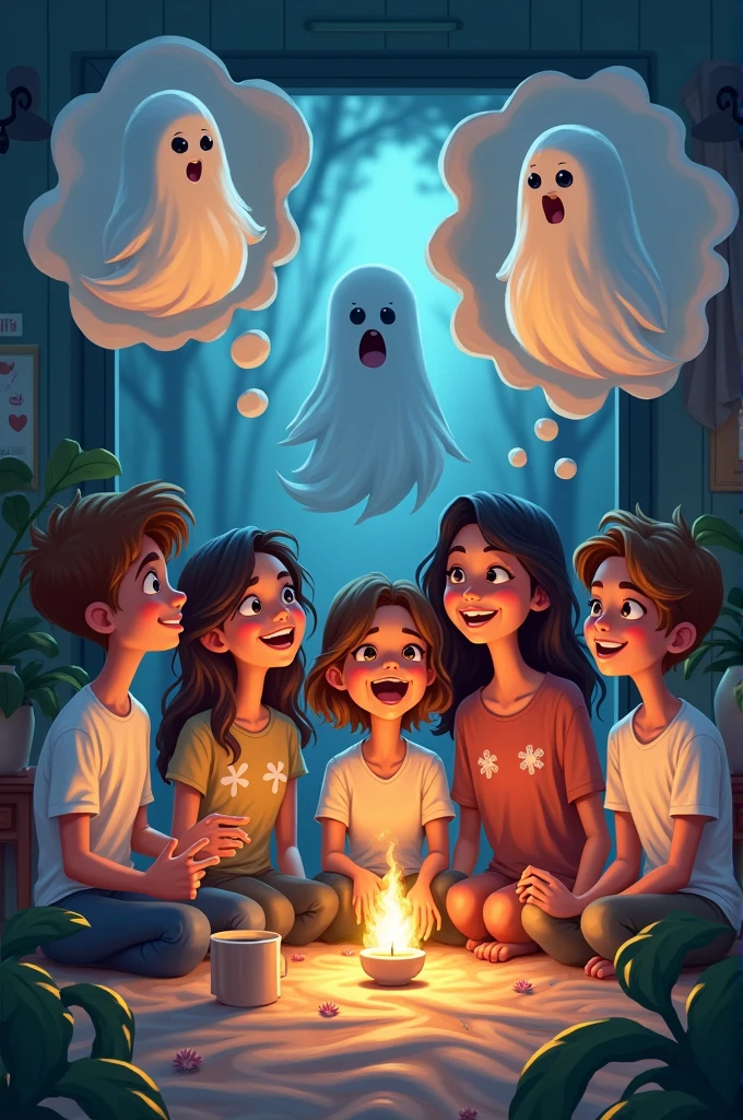 The Realization About the Ghost
Visual Prompt: A playful visual showing a thought bubble from each friend’s head, imagining a ghost that’s just a funny caricature of their own fears. They laugh together, realizing that the ghost was just a figment of their imagination.
Each scene can be visually rich, capturing the essence of the story’s adventure, emotions, and the lessons learned.