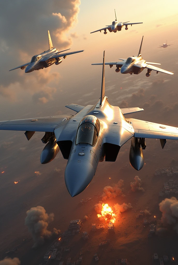 A scene in a battle field with aircraft flying, bombing and explosion behind them, in a battle field, 3D style