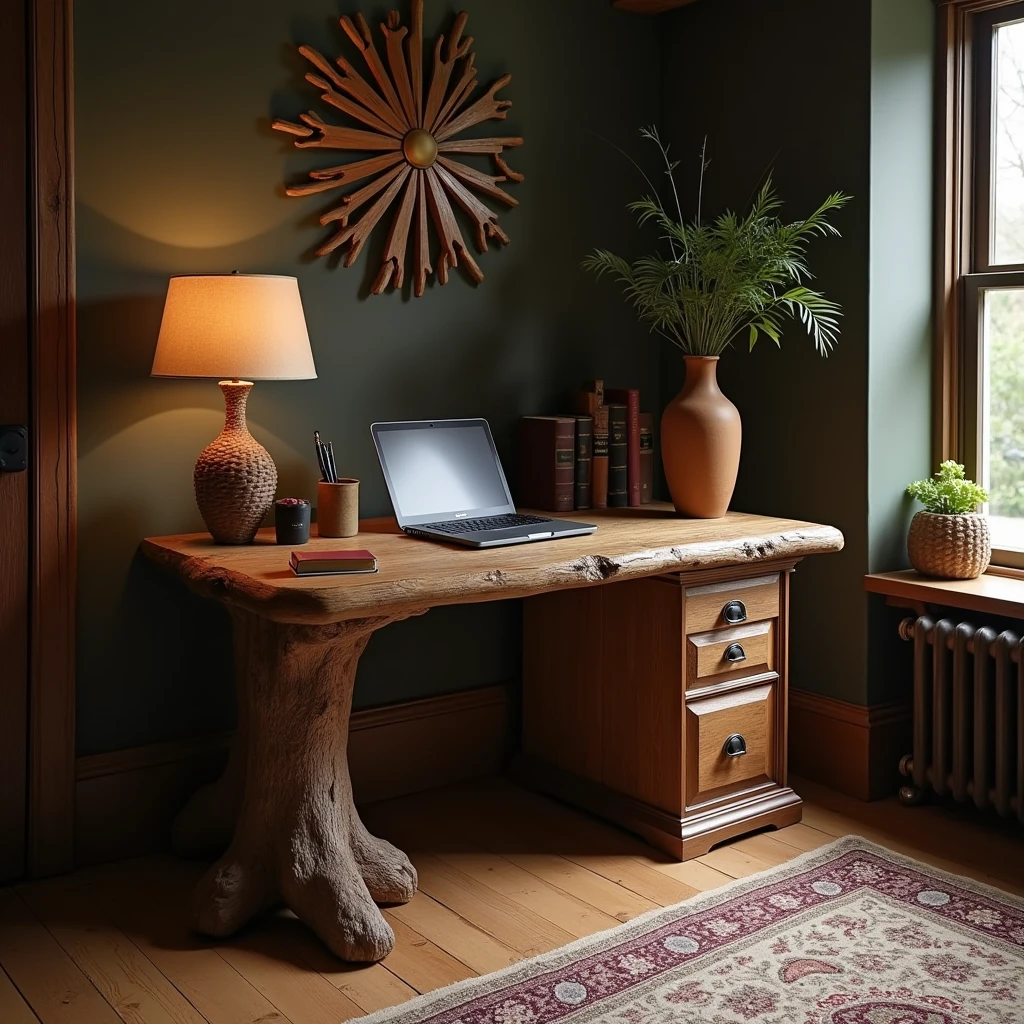 A stylish desk like you'd find in a study、Oak Tree、Looks like something out of Harry Potter、long ago、Overall image、It is placed in the center of the room