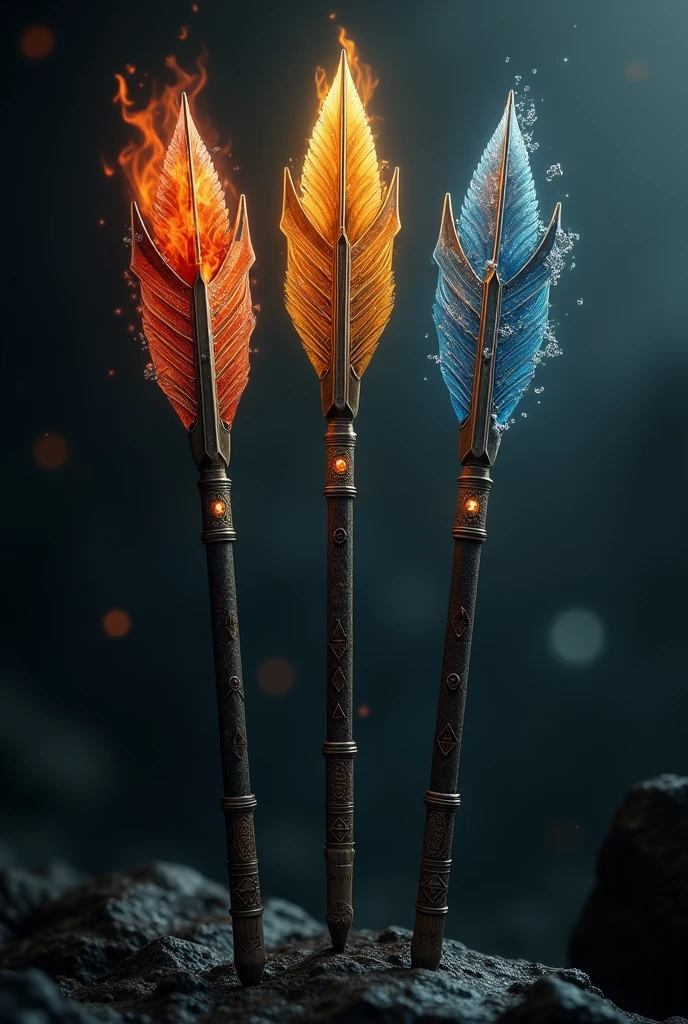 Three arrows that resemble Katniss Everdeen&#39;s from The Hunger Games and are similar to Apollo&#39;s bow, with one arrow containing fire, water, and poison. 