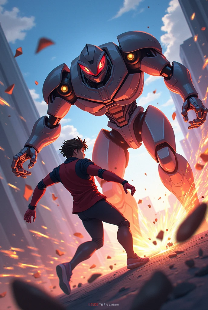 A robot fires back with energy blasts, forcing Arthur to dodge and strategize in anime style.