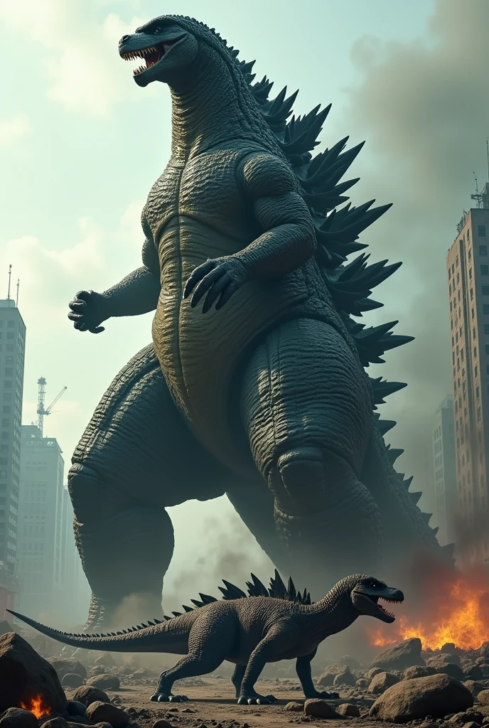 Dinosaur killed by godzilla and down in his foot