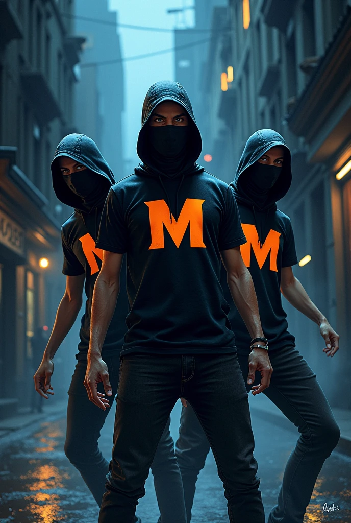 A 3 thief wearing a t-shirt with the letter m

