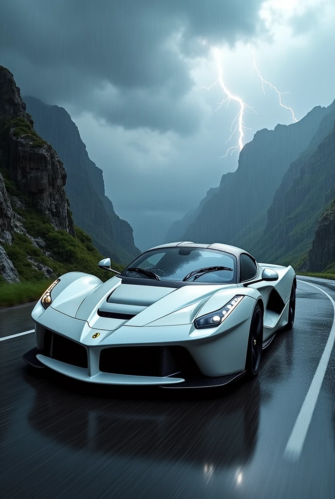 A white ferrari was driving on a mountain road while it was raining heavily. Lightning flashed, and the entire sky was dark