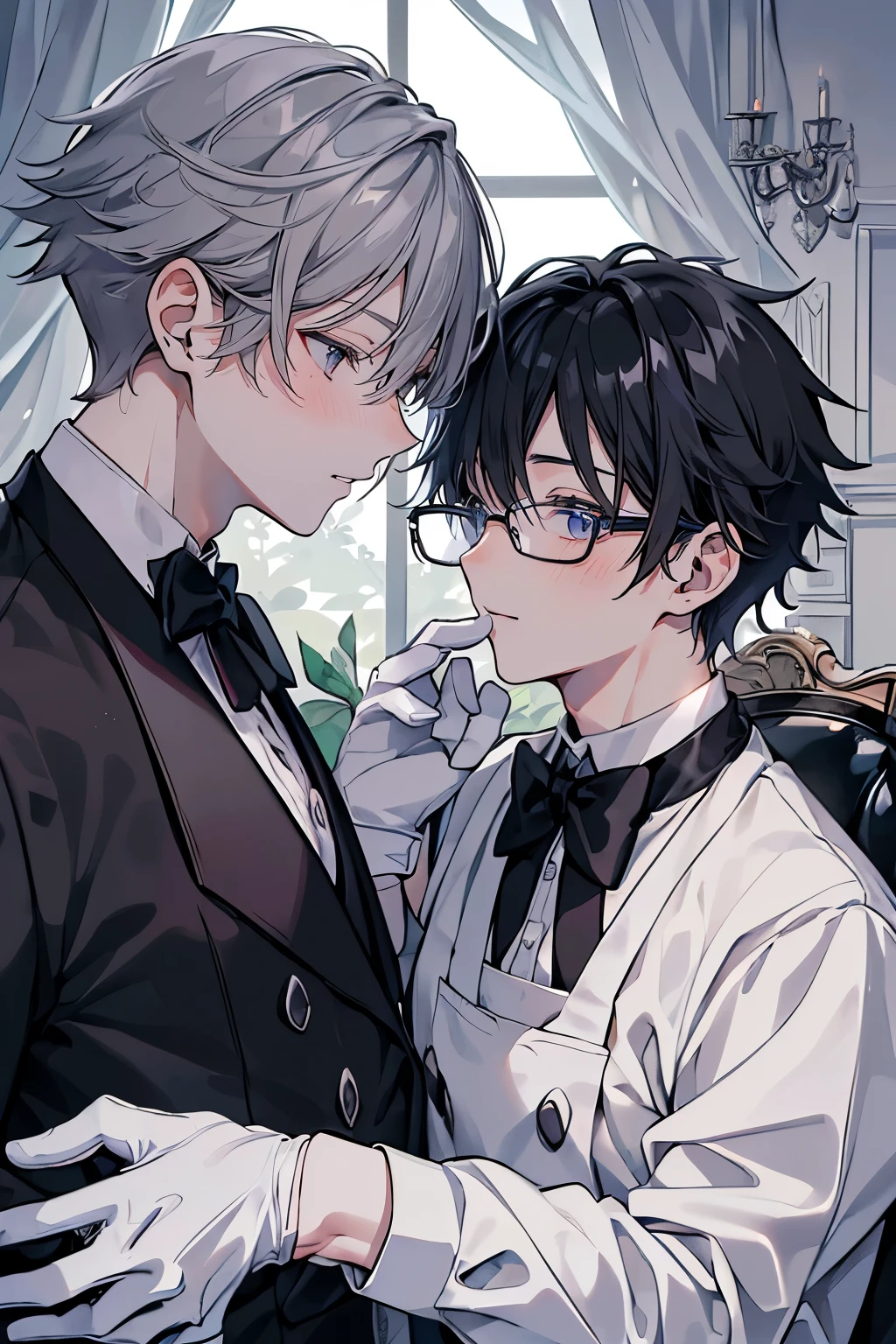 (Mastepiece)、(Best Quality)、Very detailed、((Two intimate butlers:1.5))、Perfect Face、Beautiful Face、Very detailedな顔、(Black-haired man:1.3)、(Grey-haired man:1.3)、Black butler uniform、Glasses、(White gloves:1.3)、Smiling face