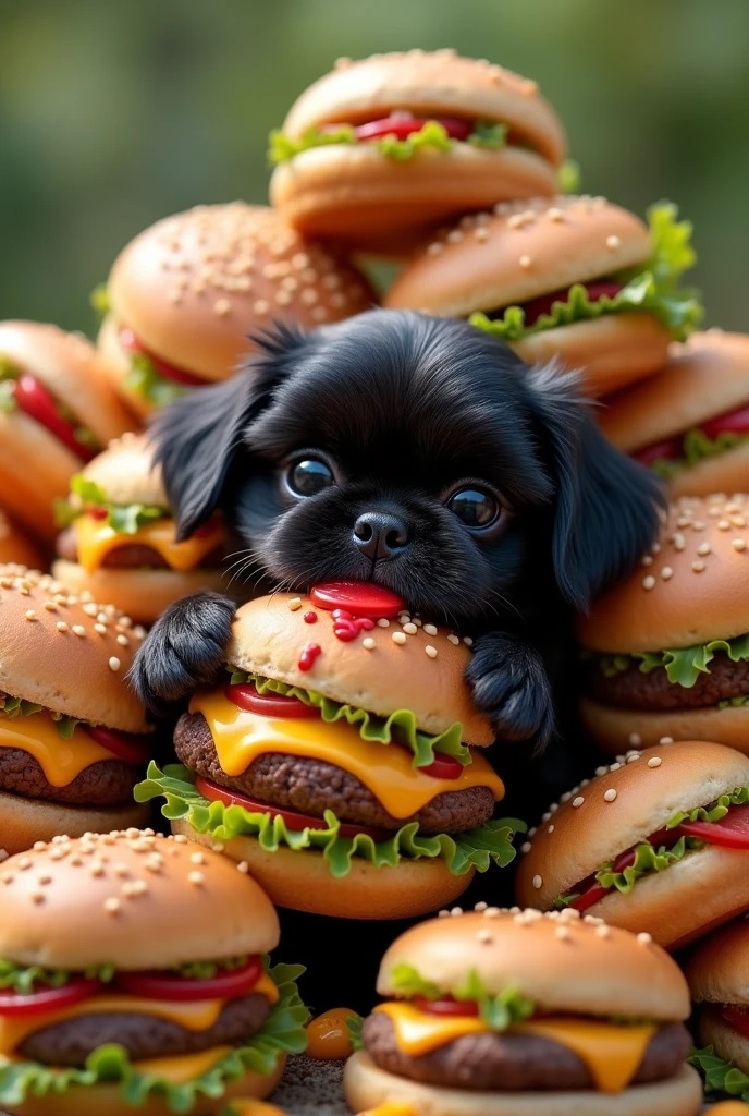 Give me a black shih tzu puppy give him a burger give him a mountain of burger