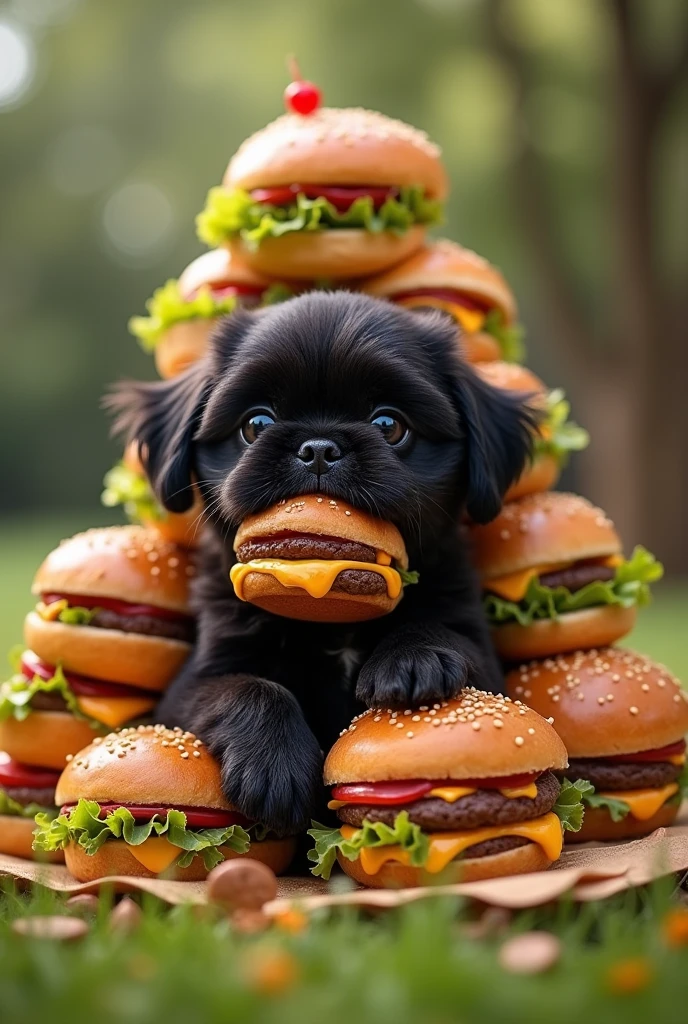 Give me a black shih tzu puppy give him a burger give him a mountain of burger