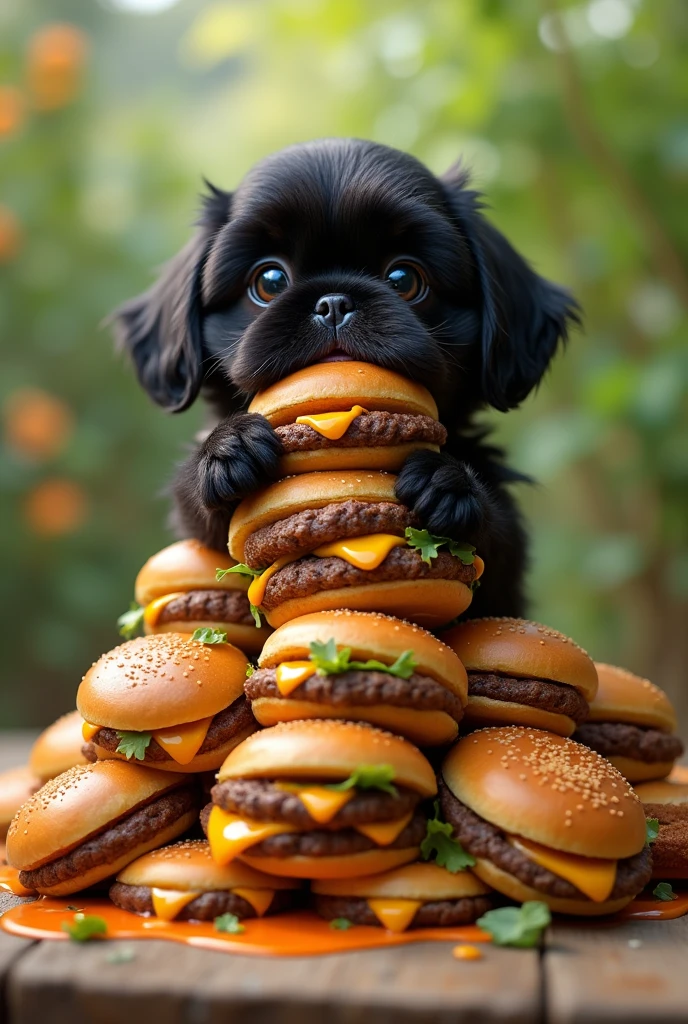 Give me a black shih tzu puppy give him a burger give him a mountain of burger