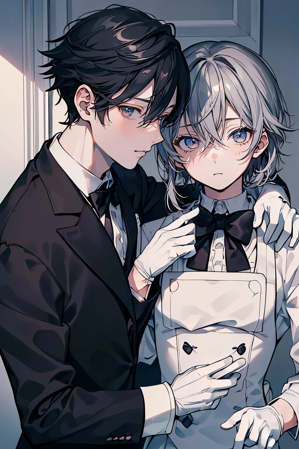 (Mastepiece)、(Best Quality)、Very detailed、((Two intimate butlers:1.5))、Perfect Face、Beautiful Face、Very detailedな顔、(Black-haired man:1.3)、(Grey-haired man:1.3)、Black butler uniform、Glasses、(White gloves:1.3)、Smiling face