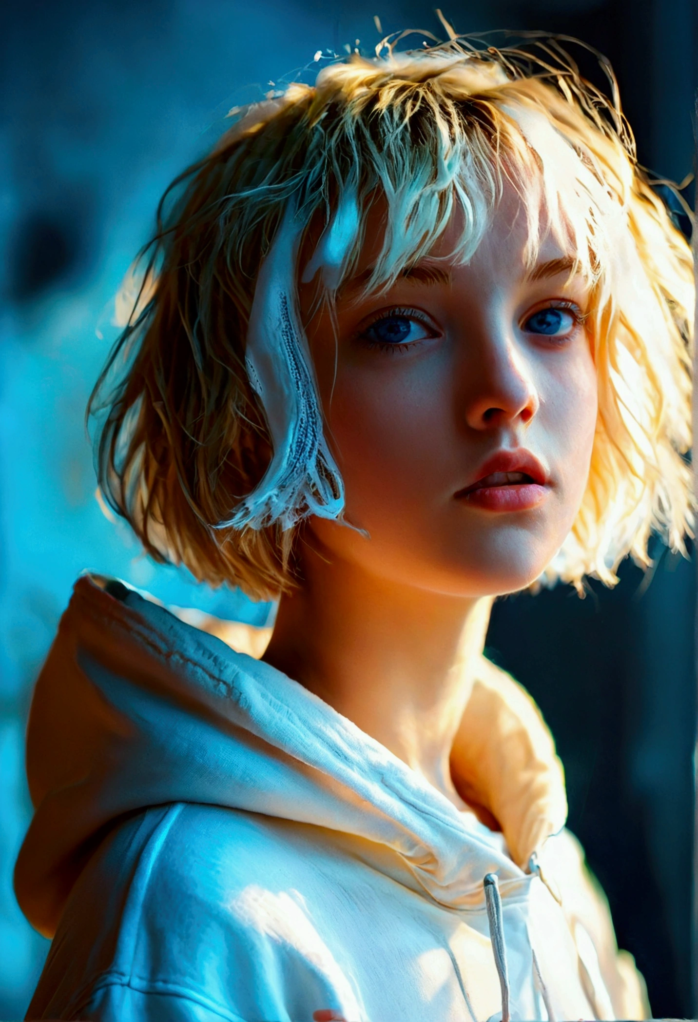 Wearing a white hoodie、A girl with short, messy bob hair、Blonde、blue eyes