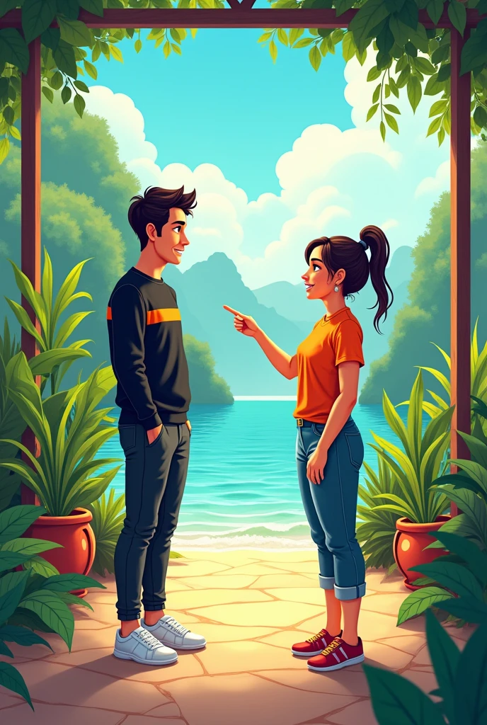 A man wearing a black and orange sweater and white sneakers. A woman wearing an orange shirt points her finger at a man. It is a beautiful and cool 4K cartoon image, Thailand.