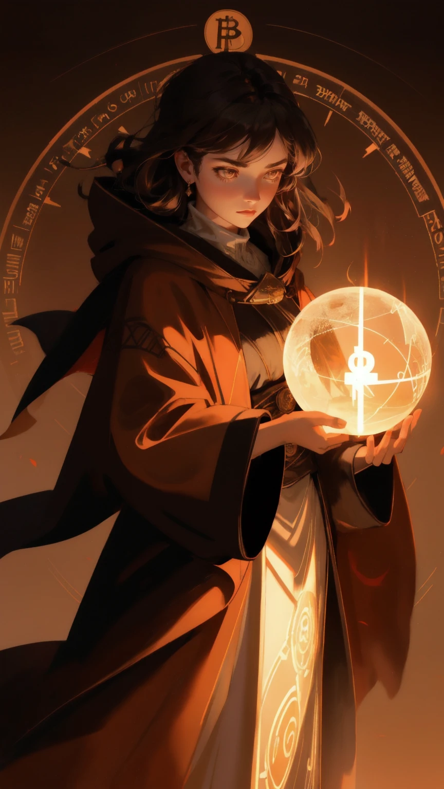 A fierce, determined girl in a flowing cloak, commanding swirling Bitcoin symbols around her as she stands over a globe radiating with energy. The entire scene is bathed in a soft brown background, with candles scattered around, casting flickering shadows and adding a mystical, intense ambiance.