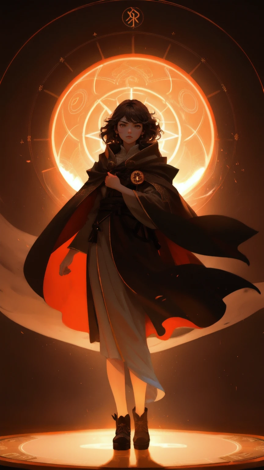 A fierce, determined girl in a flowing cloak, commanding swirling Bitcoin symbols around her as she stands over a globe radiating with energy. The entire scene is bathed in a soft brown background, with candles scattered around, casting flickering shadows and adding a mystical, intense ambiance.