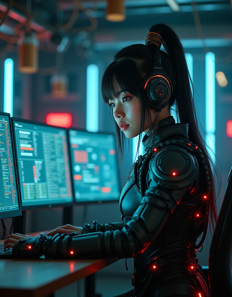 photo-realistic, dramatic scene, cinematic scene, masterpiece, (extremely beautiful Japanese boyish girl but cyborg), the strongest army soldier but cyborg of network server engineer, (face focus:1.5), (dynamic angle:1), sitting at the monitoring console, monitoring a network status at cyber punk server room, a huge amount of cables are connected from her mechanical body with head to the servers, a large amount of complex server cables are in the room, professional light, spot light, (extremely intricated with extremely complex cyber punk mecha armored head gear:1.3), (wearing a form fitting cyber punk mecha armored mecha-suits with bright cyber punk LED marker:1.5),