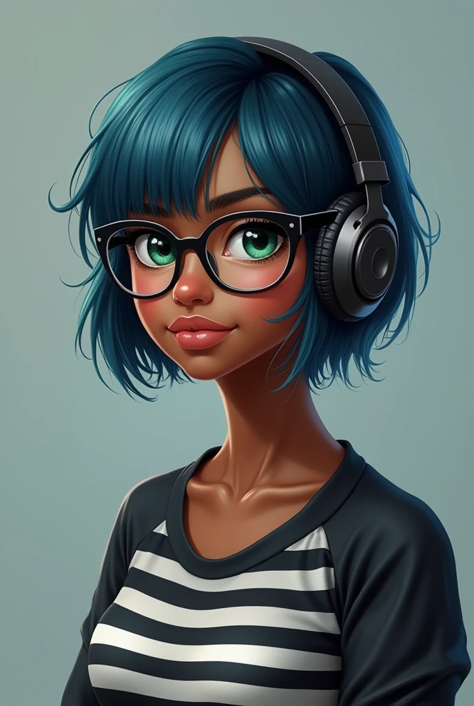 Photo realistic 
Photo realistic 
1 girl with really dark skin 
Obese 
with green eyes, short blue hair 
Wearing glasses 
With headphones Wearing a black and white striped long sleeve shirt