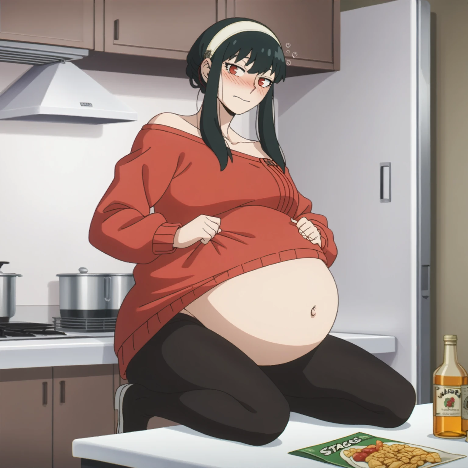 looking at viewer, solo, YorForger,1girl, ((middle breast)), ((belly stuffed)), ((huge belly)), ((very drunk)), ((staggers)), black hair, red eyes, short hair with long locks, white hairband, off shoulder, ((red sweater)), black pantyhose, ((drank too much)), ((exhausted)), ((agitated)), ((in front of a fridge)), ((open fridge)), ((lean on the fridge)),